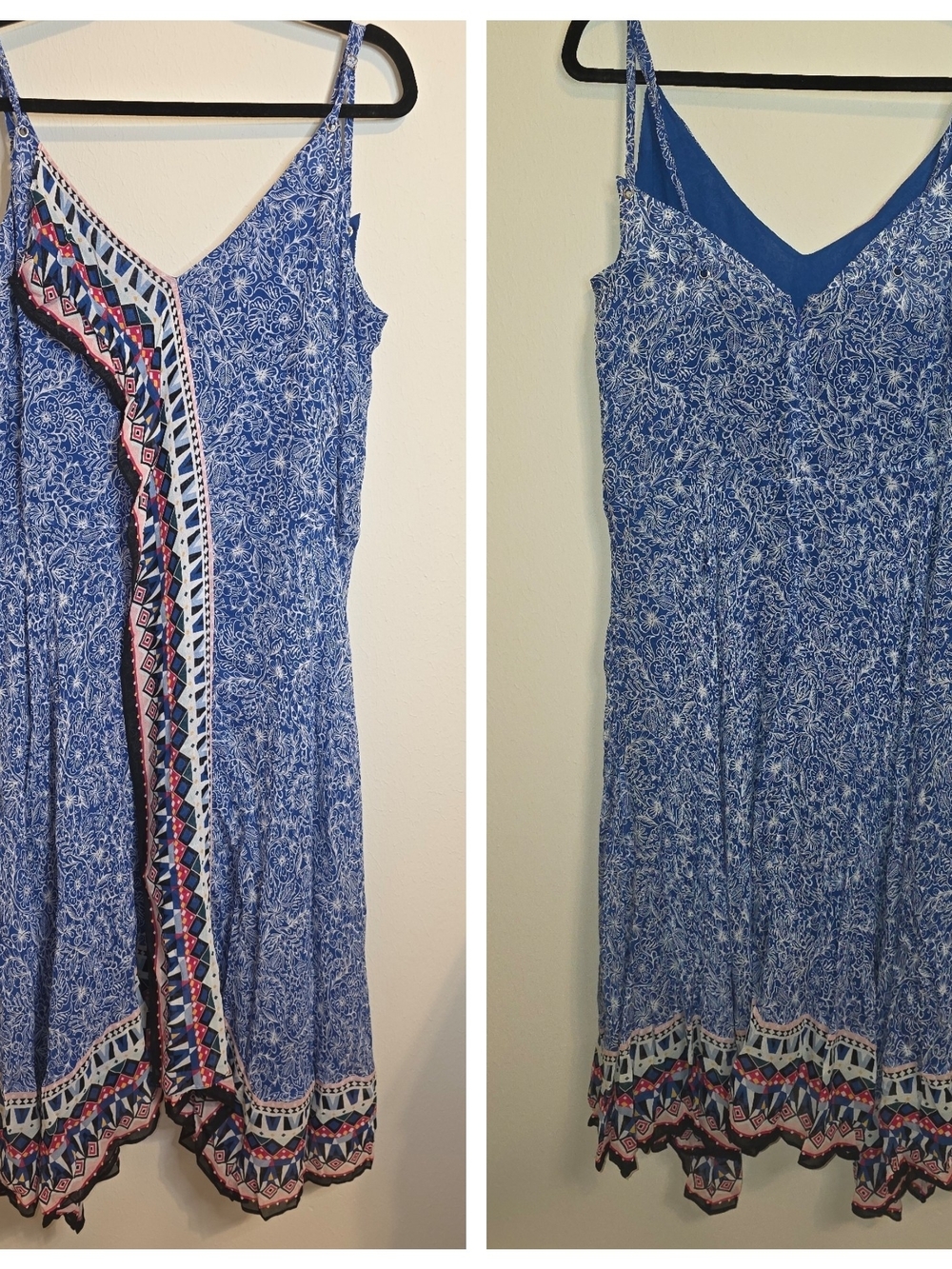 French Connection Blue Printed Spaghetti Strap Mini Dress with Border Trim - Picture 1 of 6